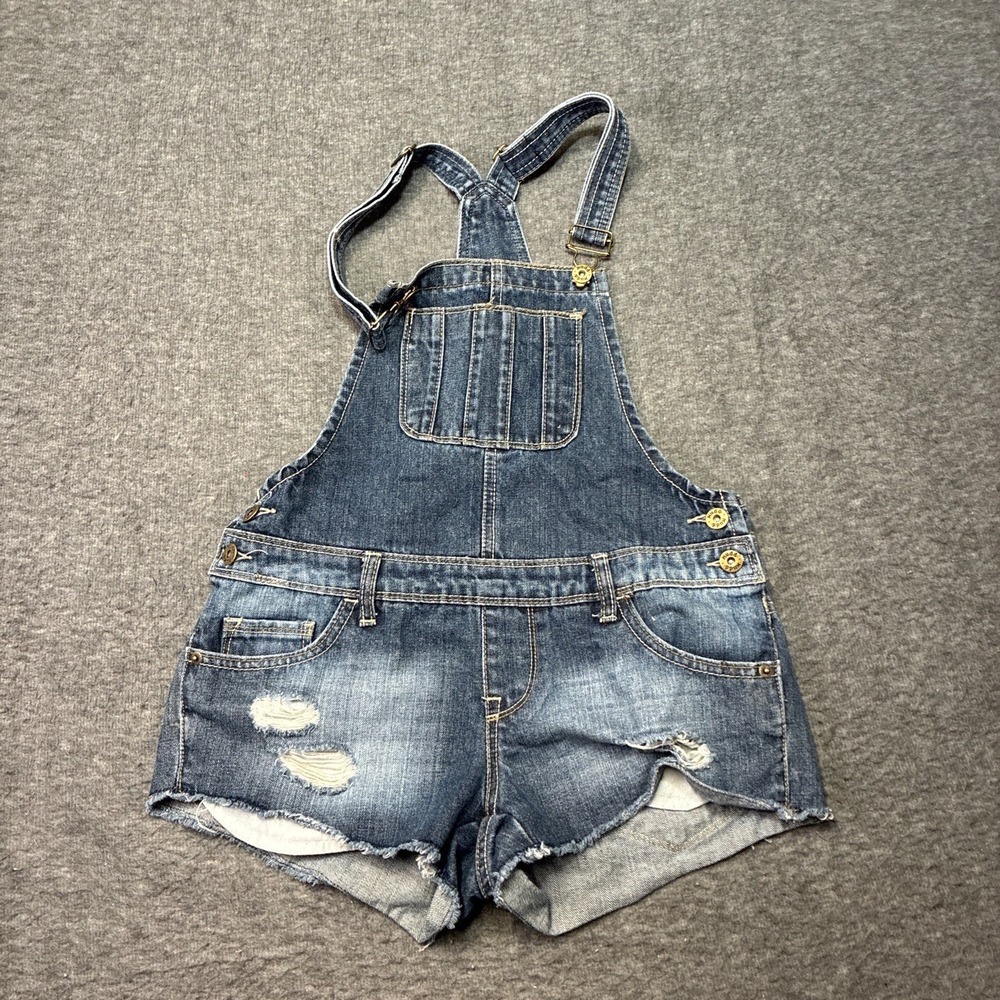 Mudd Womens Small Shortalls Medium Wash Blue Denim Distressed‎ Casual Trendy